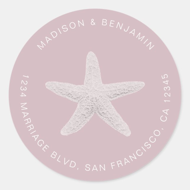 Starfish Beach Wedding Return Address Purple Classic Round Sticker (Front)