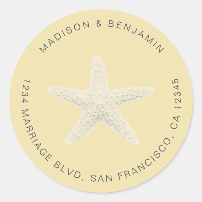 Starfish Beach Wedding Return Address Yellow Classic Round Sticker (Front)