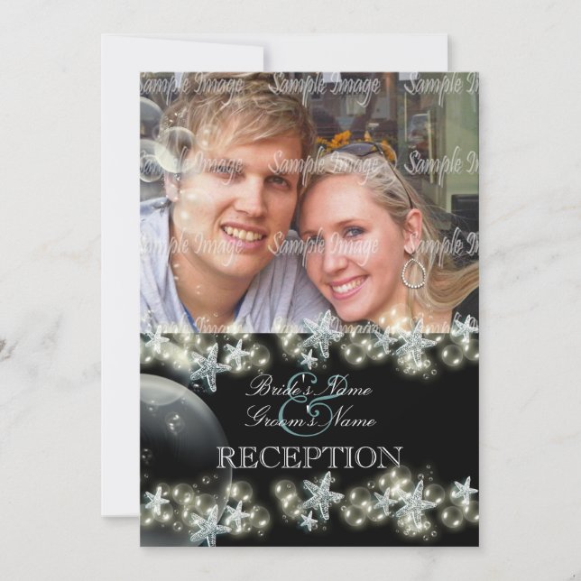 Starfish black white blue wedding invitation (Front)
