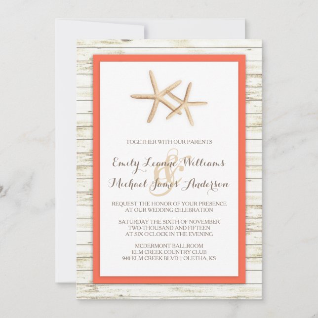 Starfish Blanchis Wood Beach Wedding Invitation (Devant)