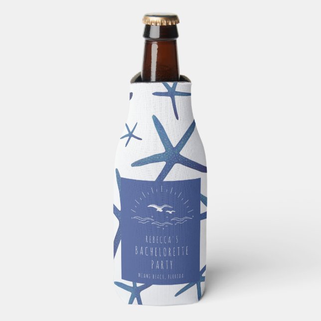 Starfish Blue Beach Bachelorette Party Favor Bottle Cooler (Bottle Front)
