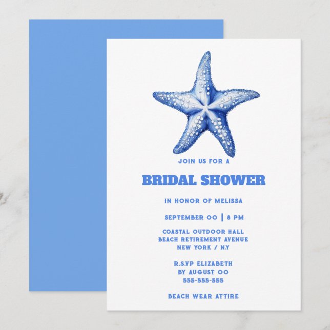 Starfish blue white beach bridal shower invitation (Front/Back)