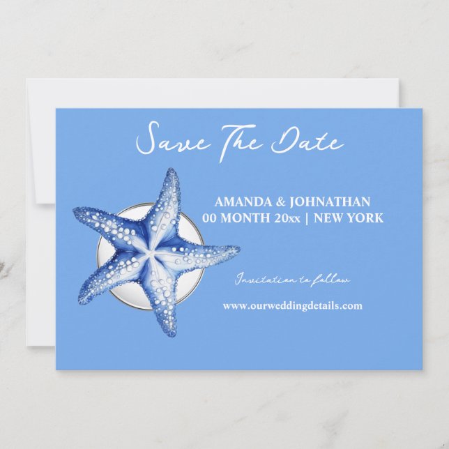 Starfish blue white elegant save the date (Front)