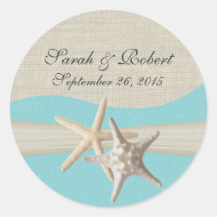 Starfish & Burlap Aqua Classic Round Sticker