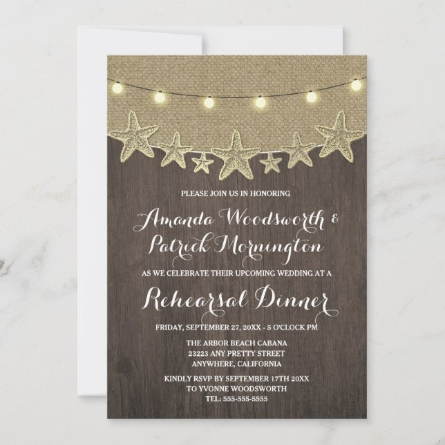 Starfish Burlap Beach Rehearsal Dinner Invitations (Front)