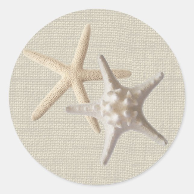 Starfish & Burlap Classic Round Sticker (Front)