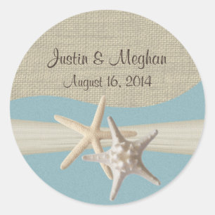 Starfish & Burlap Ocean Sky Blue Classic Round Sticker