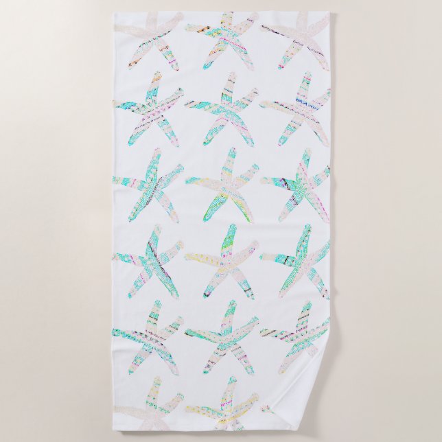 Starfish Coastal Beach Multicolor Teal Blue White Beach Towel (Front)