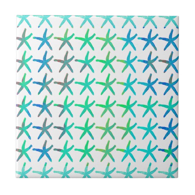 Starfish Coastal Beach Multicolor Teal White Cute Tile (Front)