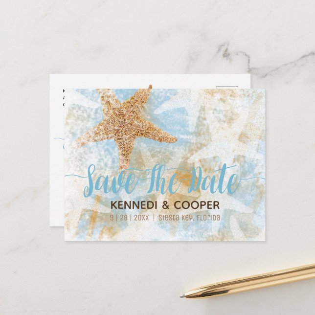 Starfish Coastal Beach Themed Save The Date Card (Front/Back In Situ)