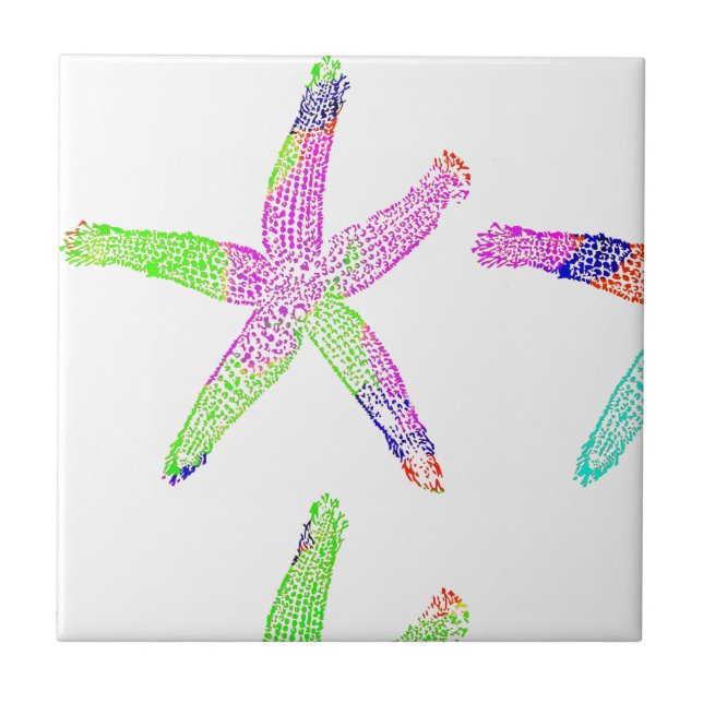 Starfish Coastal Beach White Multicolor Patterns Tile (Front)