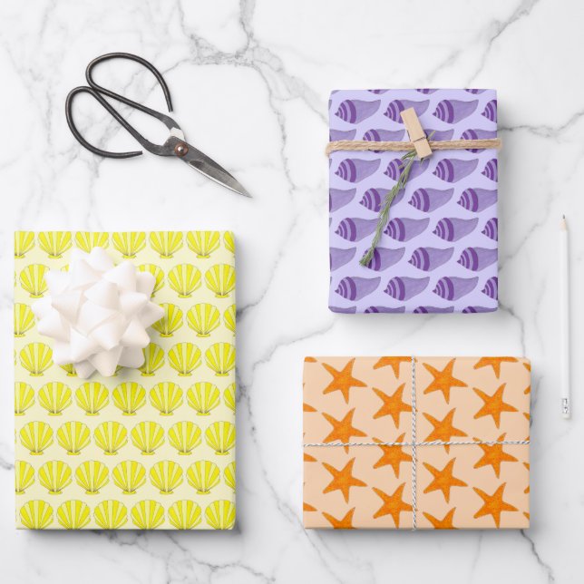 Starfish Conch Sea Shell Seashell Beach Shore Wrapping Paper Sheet (Front)