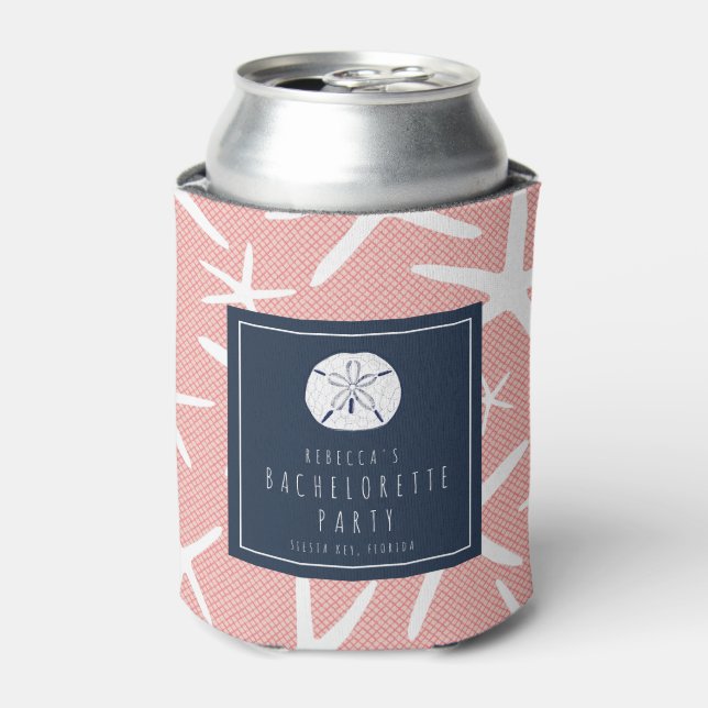 Starfish Coral and Navy Florida Beach Bachelorette Can Cooler (Can Front)