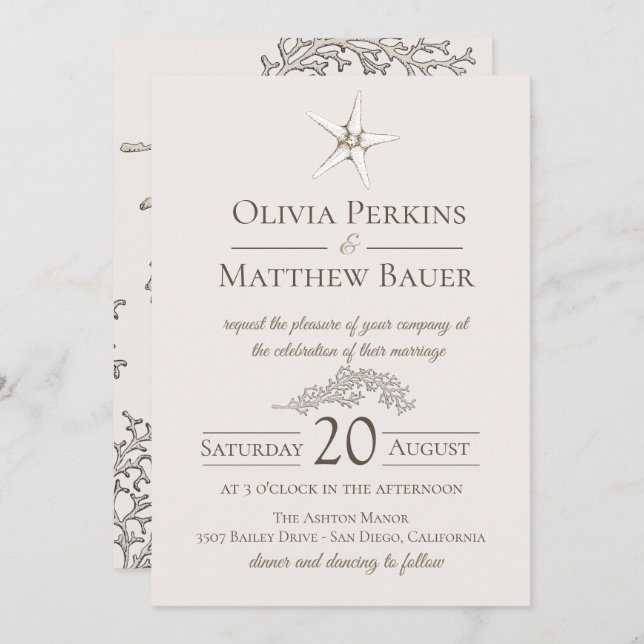 Starfish Coral Beach Wedding Invitation (Devant / Derrière)