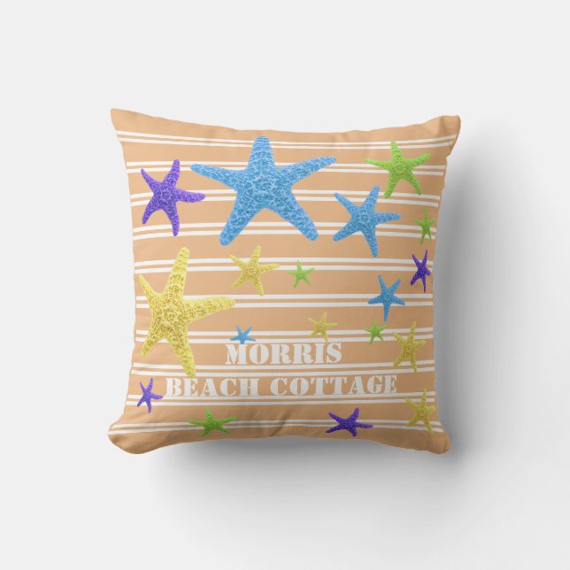 Starfish Coral Pinstripes Personalized Throw Pillow (Front)