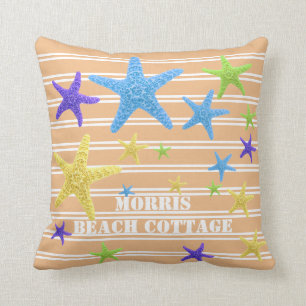 Starfish Coral Pinstripes Personalized Throw Pillow