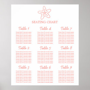 Starfish coral sea wedding seating table plan poster