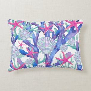 Starfish Coral Sealife Pink Purple Watercolor Accent Pillow