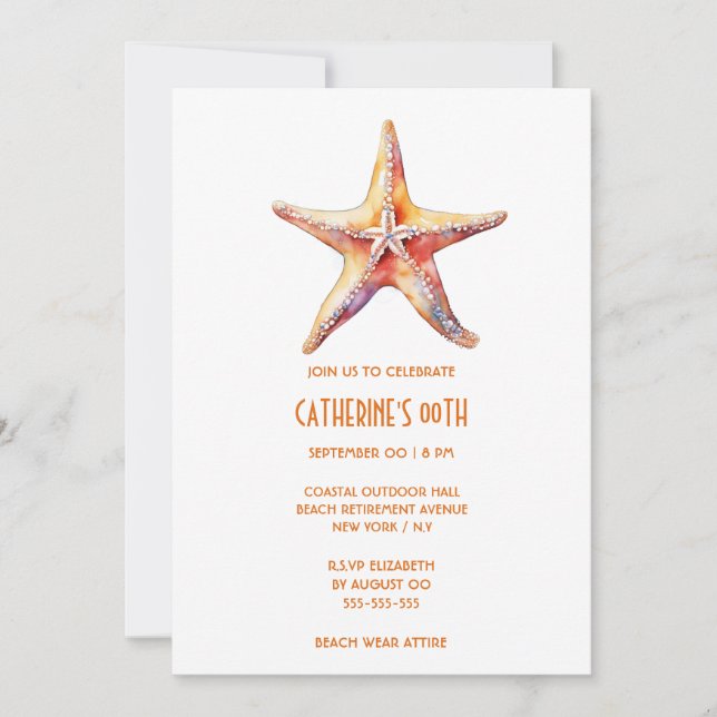 Starfish coral white beach theme birthday invitation (Front)