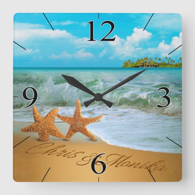 Starfish Couple ASK ME TO PUT NAMES IN THE SAND Square Wall Clock (Front)