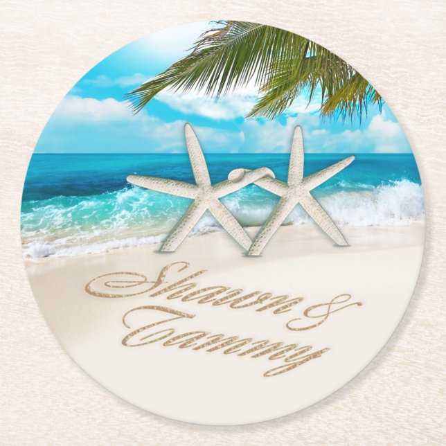 Starfish Couple ASK TO HAVE YOUR NAMES PUT IN SAND Round Paper Coaster (Front)