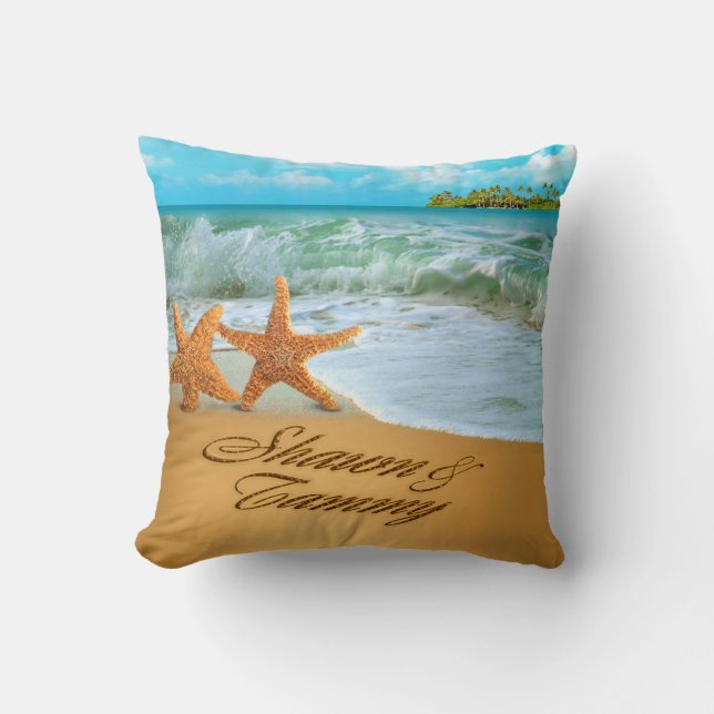 Starfish Couple ASK TO HAVE YOUR NAMES PUT IN SAND Throw Pillow (Front)