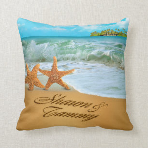 Starfish Couple ASK TO HAVE YOUR NAMES PUT IN SAND Throw Pillow