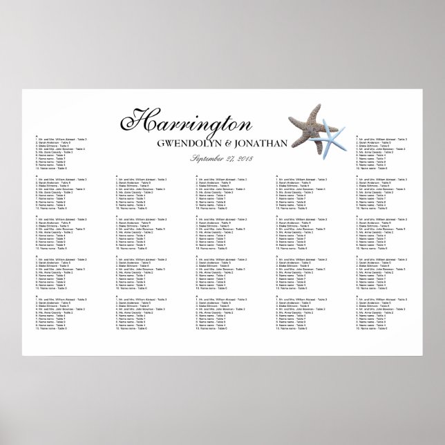 Starfish Couple Beach Wedding Seating Chart (Front)