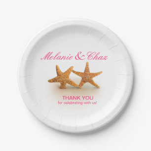 Starfish Couple on the Beach Party   fuchsia Paper Plate