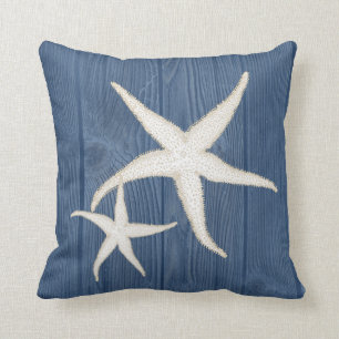 Starfish Cream Vintage Blue Wood Pillow