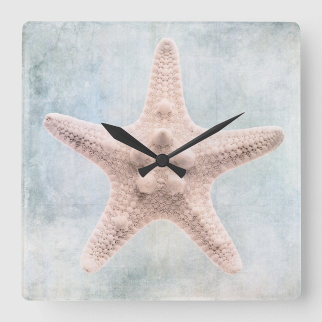 Starfish Distressed Coastal Blue Cream Watercolor Square Wall Clock (Front)
