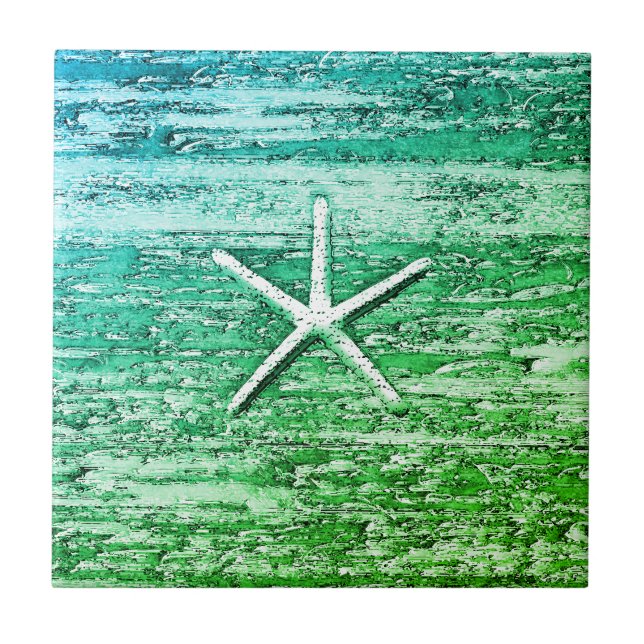 Starfish Driftwood Blue-Green Watercolor Tile (Front)