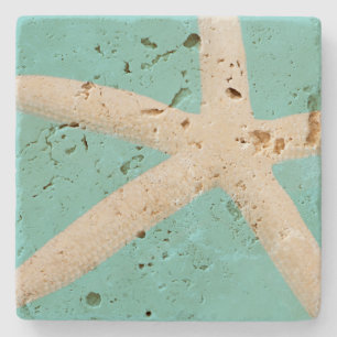 Starfish elegant ocean beach teal cream  stone coaster