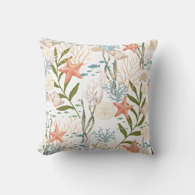 Starfish Fish Seashells Oceanlife Pattern Throw Pillow (Front)