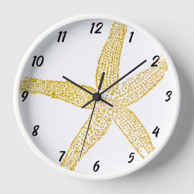 Starfish Gold Glitter Beach House Yellow White Clock (Front)