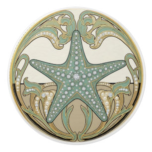 Starfish Green Cream & Gold Art Deco Nouveau Ceramic Knob