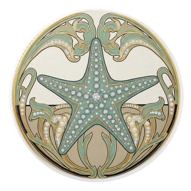 Starfish Green Cream & Gold Art Deco Nouveau Ceramic Knob (Front)