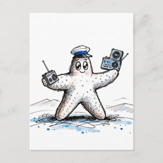 Starfish Grooving with Radios in Coastal Ink Illus Postcard