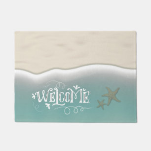 Starfish in Aqua Ocean Water & Beach Sand Welcome Doormat