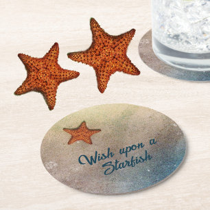 Starfish in Sand and Surf Beachy Coastal Round Paper Coaster