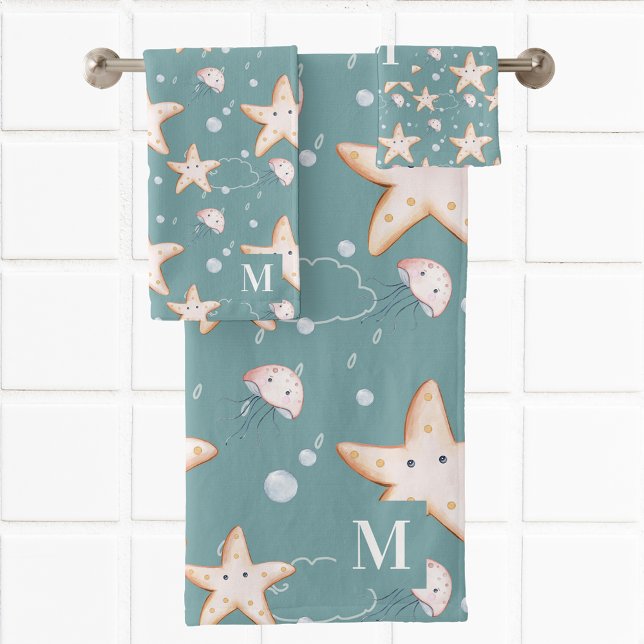 Starfish jellyfish green dark cyan monogram bath towel set (Creator Uploaded)
