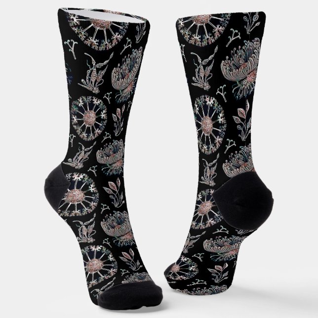 Starfish Jellyfish Seaweed Black Pattern Socks (Angled)