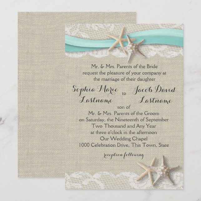 Starfish Lace and Ribbon Invitation (Front/Back)