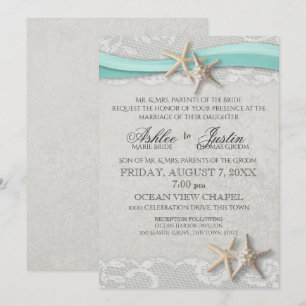 Starfish Lace Grey and Aqua Wedding Invitation
