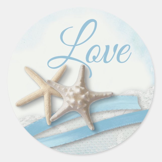 Starfish Love Sky Blue Ribbon and Lace Classic Round Sticker (Front)