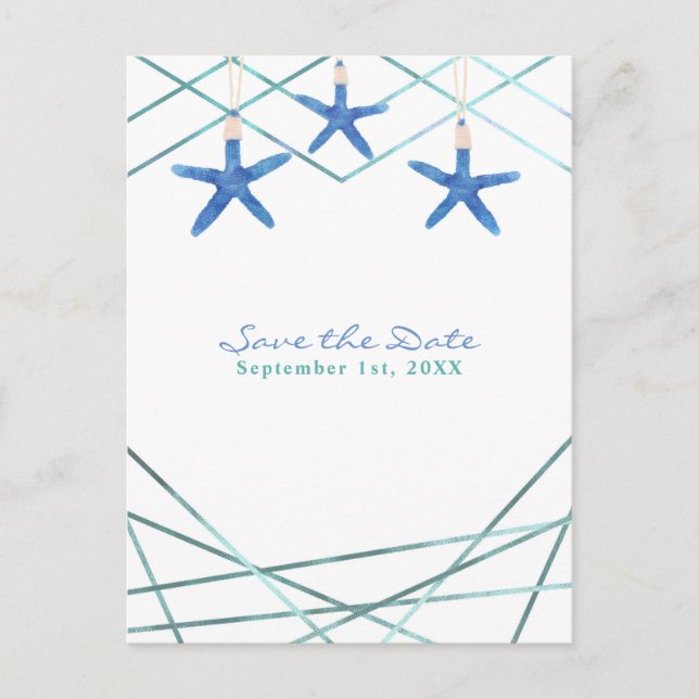 Starfish & Modern Line Elegant Beach Save the Date Announcement Postcard (Front)