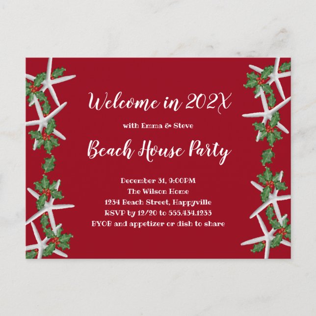Starfish n Holly New Year's Eve Beach Party Invite Postcard (Front)