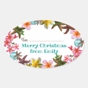 Starfish n Plumeria Flowers Christmas Border Oval Sticker
