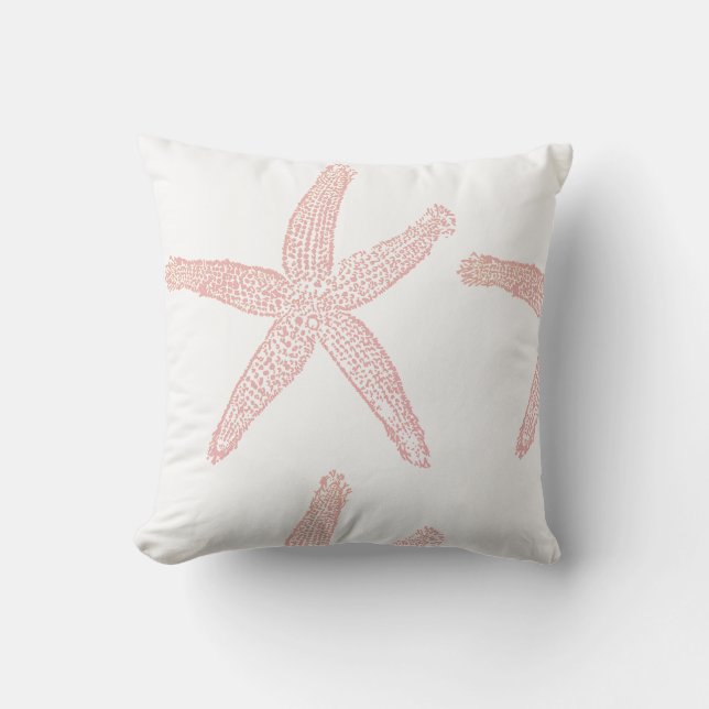 Starfish Nautical Beach Coral Pink Orange White Outdoor Pillow (Front)