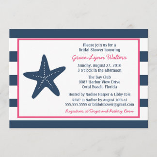 Starfish Nautical Shower Invitation, Navy and Pink Invitation